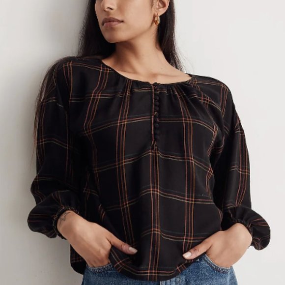 Madewell Tops - Madewell Shirred Peasant Top in Windowpane True Black XS